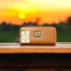 Mundi Bounded leather double zip around wallet/cognac